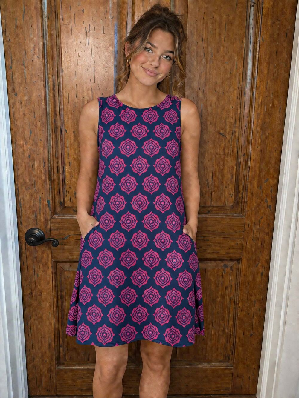 Hatley Anthropologie Pink Navy Medallion Print Sleeveless Shift Dress M Med